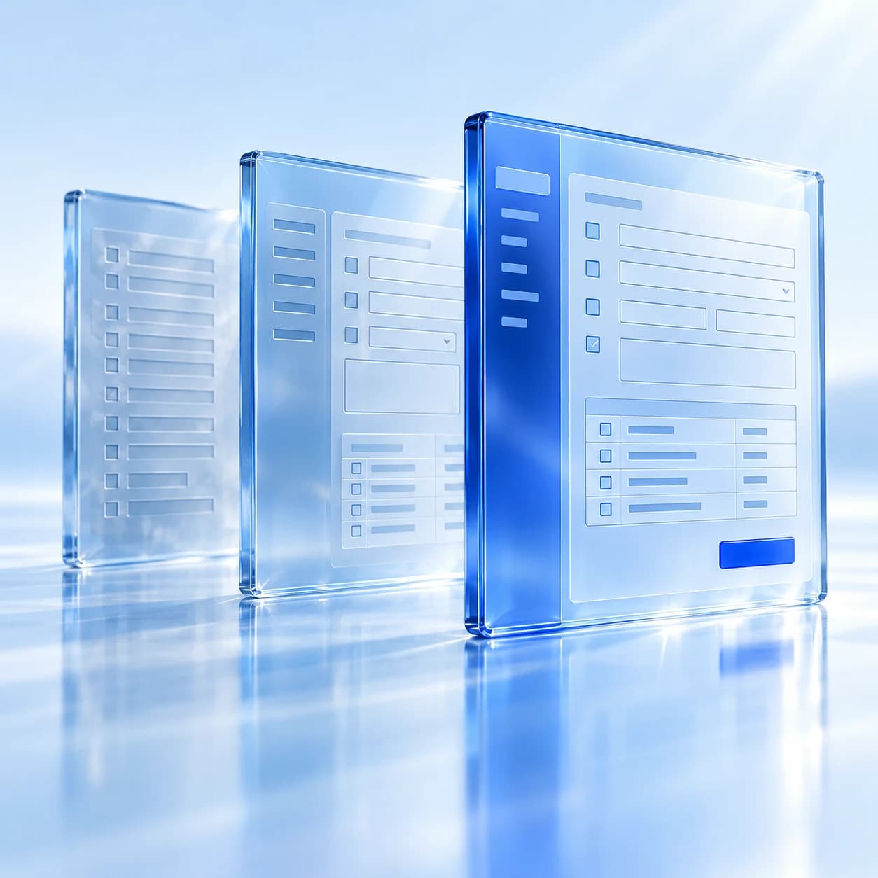 Translucent blue form panels evolving into a modern app interface