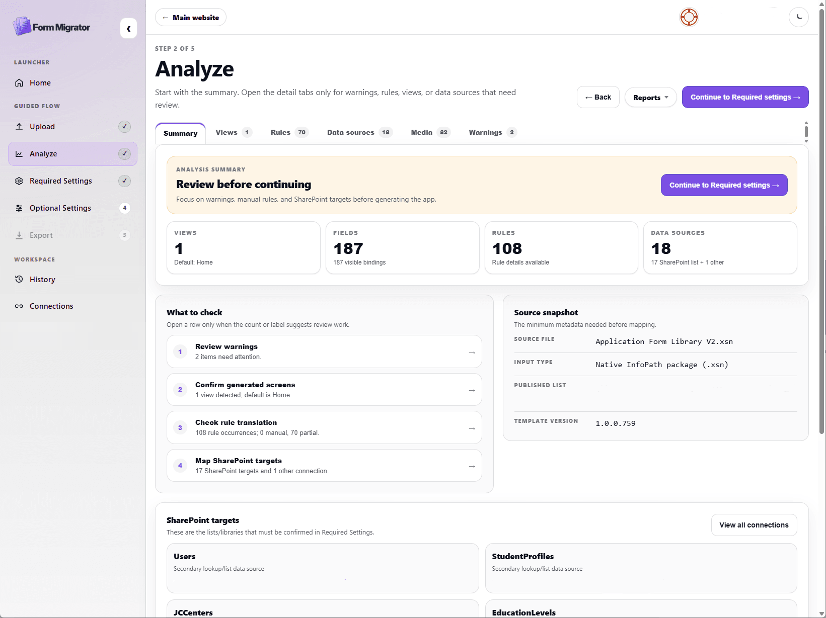 Analyze screen showing the Form Migrator guided workspace, summary tabs, and compatibility review dashboard.